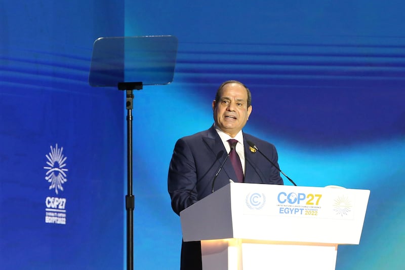 Mr El Sisi speaks during the plenary session at Cop27.  Bloomberg