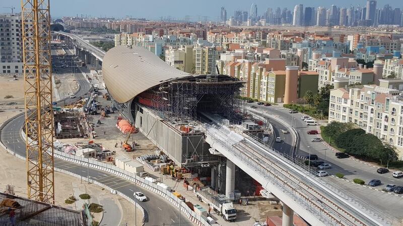 The new metro station in Discovery Gardens under construction. Traffic will be diverted off Ibn Battuta Street to make way for construction related to Dubai Metro’s 2020 project. Courtesy RTA
