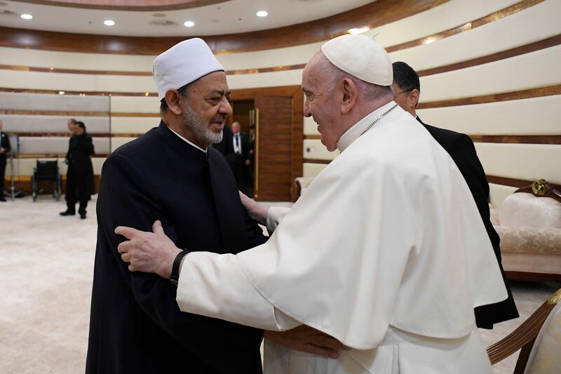 Pope Francis and the Grand Imam of Al-Azhar Dr Ahmed Al Tayeb call for peace and to save the planet in video messages at Cop28. In this file photo, they greet each other at a religious convention in Kazakhstan last year. Photo: Vatican Media