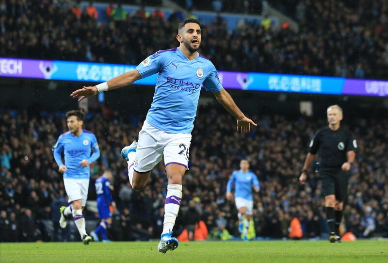 Manchester City's Riyad Mahrez celebrates after scoring a goal. EPA