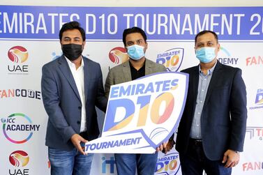 From left to right: Vivek Chandra, Director and head of Business at ITW MENA, Mubashshir Usmani, General Secretary of the Emirates Cricket Board and Richard Saldhana, Head of Sales and Broadcasting at ITW MENA, during the launch of the Emirates D10. Chris Whiteoak / The National