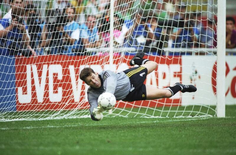 Ireland goalkeeper Pat Bonner makes a save during the penalty shoot-out against Romani in the Last-16 matche at the 1990 World Cup. Ireland won 5-4 on penalties and advanced to the quarter-finals. AllsportUK /Allsport