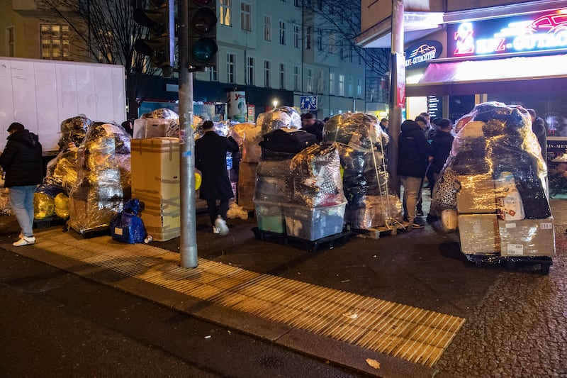 Relief supplies for earthquake victims in Turkey and Syria stand packed on Turmstrasse in the Moabit neighbourhood of Berlin. AP