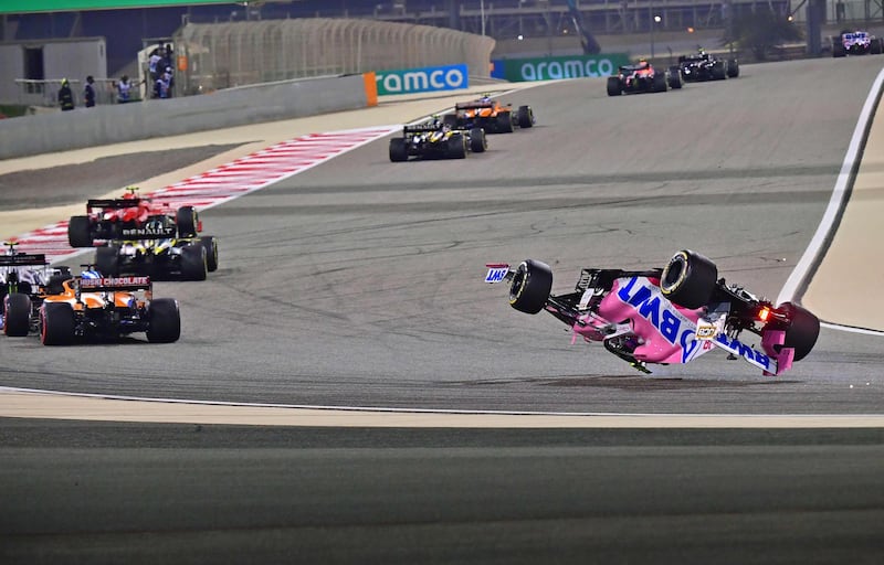 Racing Point's Canadian driver Lance Stroll crashes during the Bahrain Formula One Grand Prix at the Bahrain International Circuit in the city of Sakhir.  AFP
