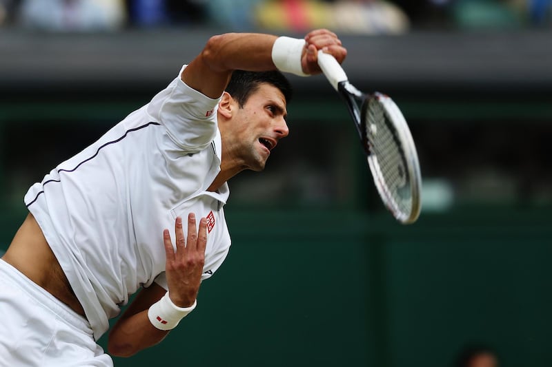LONDON, ENGLAND - JULY 06:  Novak Djokovic of Serbia during the Gentlemen's Singles Final match against Roger Federer of Switzerland on day thirteen of the Wimbledon Lawn Tennis Championships at the All England Lawn Tennis and Croquet Club on July 6, 2014 in London, England.  (Photo by Matthew Stockman/Getty Images)