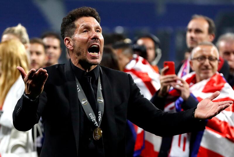 Atletico Madrid's head coach Diego Simeone celebrates after winning the UEFA Europa League final between Olympique Marseille and Atletico Madrid in Lyon, France, on May 16, 2018. Guillaume Horcajuelo / EPA