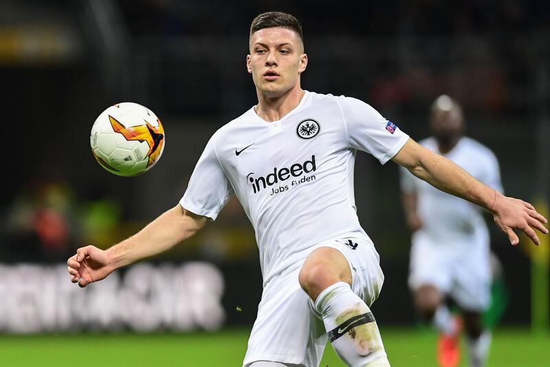 (FILES) In this file photo taken on March 14, 2019 Eintracht Frankfurt's Serbian forward Luka Jovic controls the ball during the UEFA Europa League round of 16 second leg football match Inter Milan vs Eintracht Frankfurt at the San Siro stadium in Milan. Real Madrid said on June 4, 2019 they have signed Serbia striker Luka Jovic from German side Eintracht Frankfurt on a six-year deal for an undisclosed fee. / AFP / Miguel MEDINA
