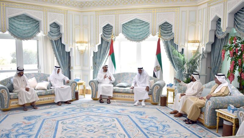 Sheikh Khalifa receives Mohamed bin Zayed at Al Bateen Palace in Abu Dhabi. Also present were Sheikh Tahnoon bin Mohammed, the Ruler's Representative in Al Ain, Sheikh Mohammed bin Khalifa, Executive Council member, Sheikh Khalifa bin Tahnoon, Executive Director of the Martyrs' Affairs Office at the Office of the Crown Prince of Abu Dhabi, and Ahmed Al Zaabi, Minister of Federal Supreme Council Affairs in the Ministry of Presidential Affairs. 