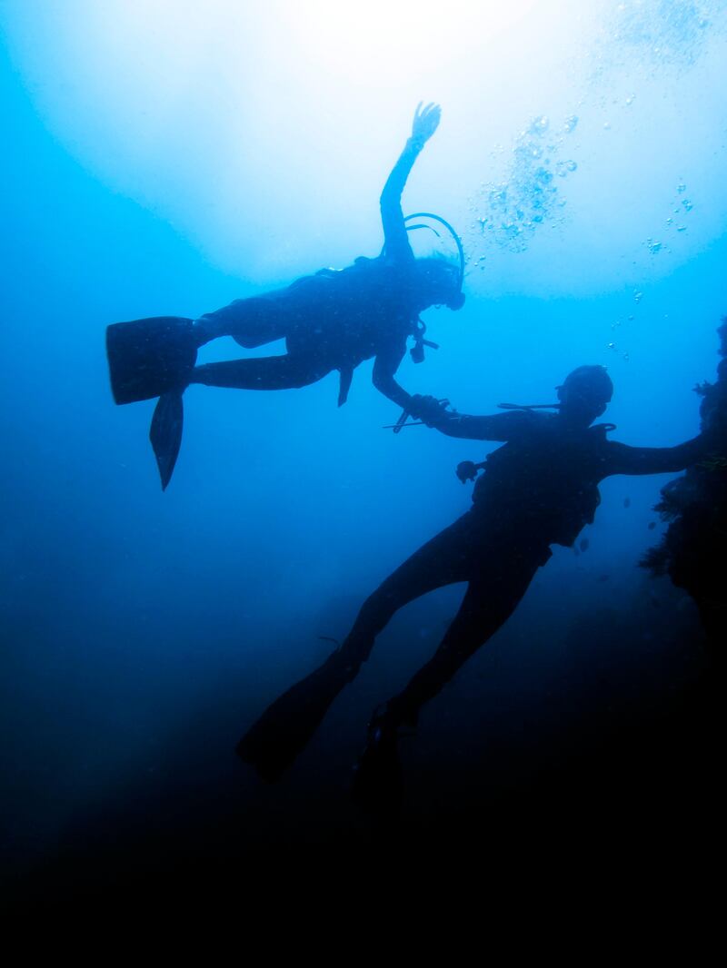 Two divers ascend along the reef wall at Sipadan Island off the coast of Borneo, Malaysia. Photo: Antonie Robertson/The National