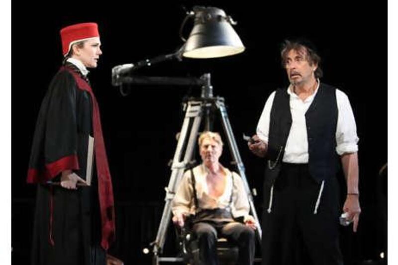 From left, Lily Rabe as Portia, Byron Jennings in the title role and Al Pacino as Shylock in The Merchant of Venice, part of New York's Shakespeare in the Park.