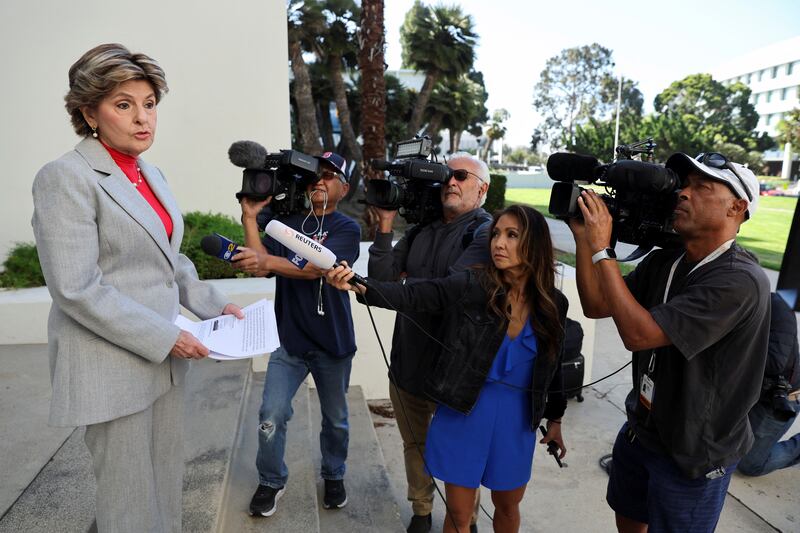 Gloria Allred speaks to the media as she arrives for opening statements in the civil suit against Bill Cosby. Reuters
