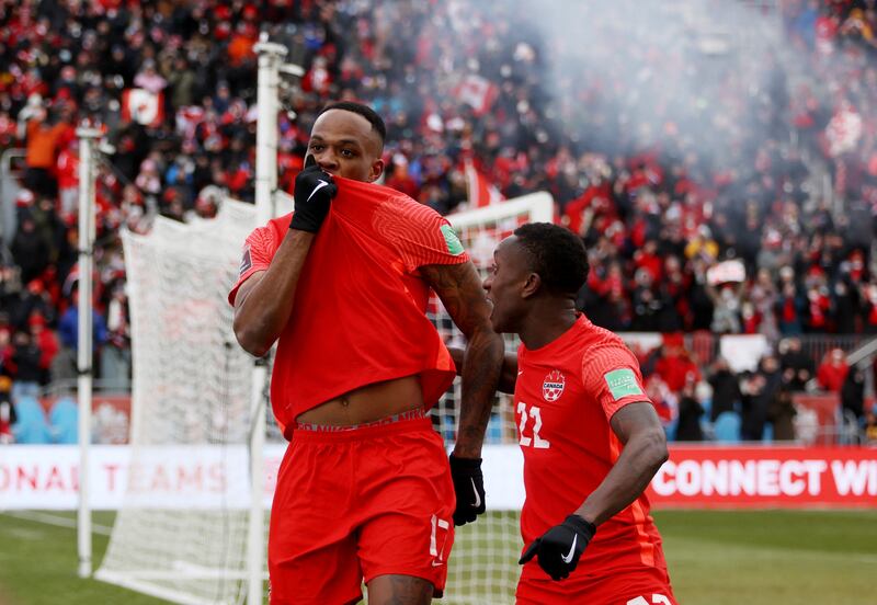 Canada's Cyle Larin celebrates scoring their first goal. Reuters