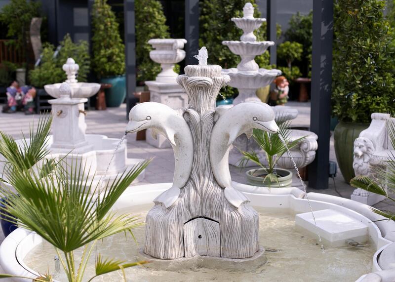 DUBAI, UNITED ARAB EMIRATES - JULY 22 2019.

A dolphins fountain for sale at the newly opened Dubai Garden Center in Jumeira 1, opposite Town Center.

(Photo by Reem Mohammed/The National)

Reporter: Katy Gillett
Section: WK