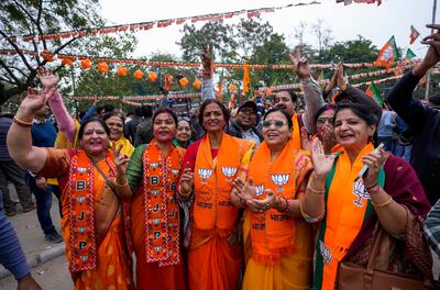 Supporters of India's ruling Bharatiya Janata Party, or BJP, celebrate the results of Rajasthan state elections in Jaipur in December 2023. AP 