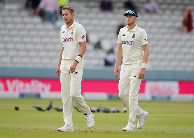 England's Stuart Broad and Ollie Robinson at the end of day's play in the first Lord's Test against New Zealand. Reuters