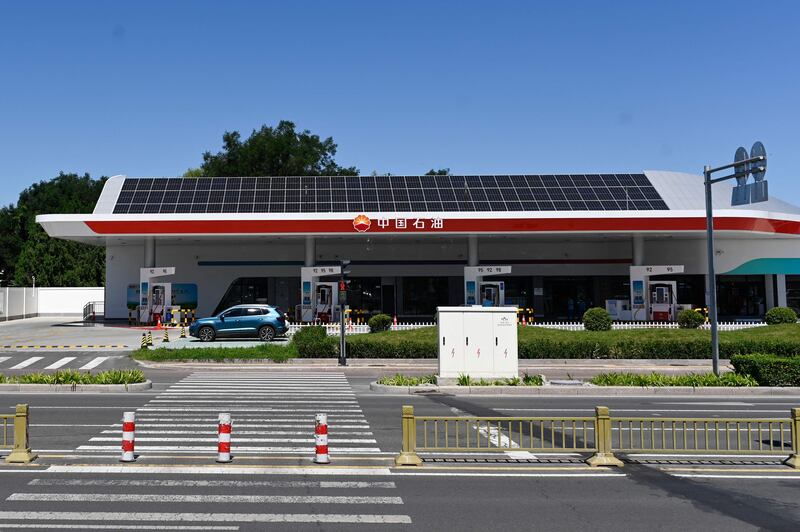 A petrol station featuring solar panels on the roof in Beijing, China.