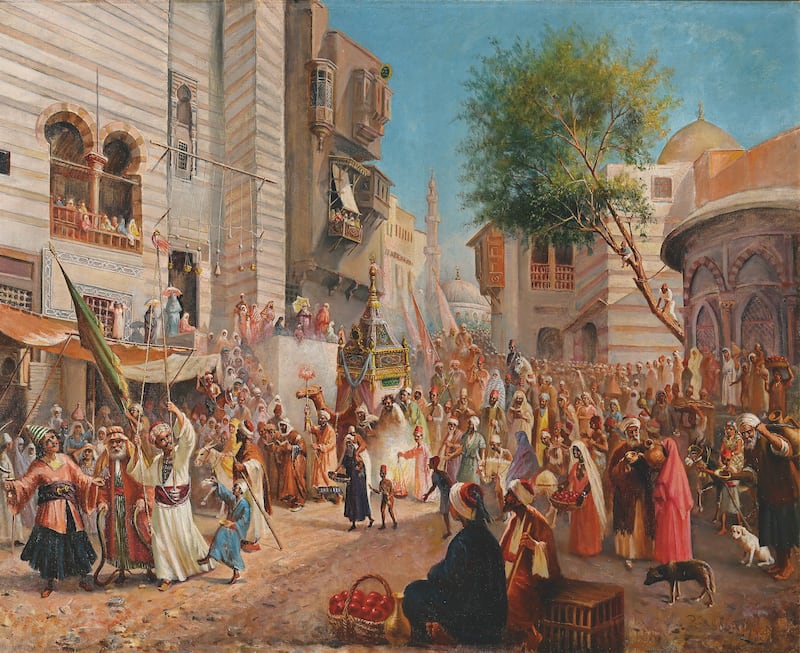 'The Arrival of the Mahmal from Cairo', a painting by Leonardo de Mango; 1921. Photo: The Khalili Collections