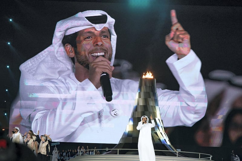 ABU DHABI, UNITED ARAB EMIRATES - March 21, 2019: Hamad Al Ameri (C) performs during the closing ceremony of the Special Olympics World Games Abu Dhabi 2019, at Zayed Sports City. 

( Hamad Al Mansoori for Ministry of Presidential Affairs )
---