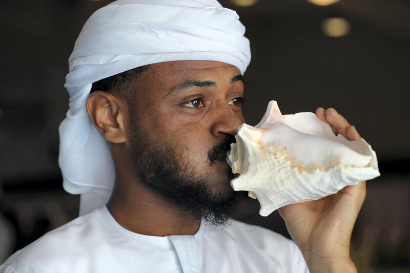 Dibba, United Arab Emirates - June 26, 2019: Traditional costal dance. Al Hosn fish salting festival. Wednesday the 26th of June 2019. Dibba. Chris Whiteoak / The National
