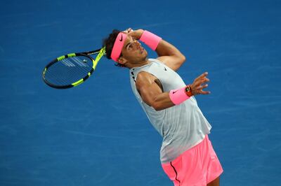 MELBOURNE, AUSTRALIA - JANUARY 15:  Rafael Nadal of Spain serves in his match against Victor Estrella Burgos of the Dominican Republic on day one of the 2018 Australian Open at Melbourne Park on January 15, 2018 in Melbourne, Australia.  (Photo by Clive Brunskill/Getty Images)