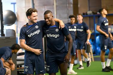COBHAM, ENGLAND - JULY 02: Ben Chilwell and Callum Hudson-Odoi of Chelsea during a warm up in the gym before a training session at Chelsea Training Ground on July 2, 2022 in Cobham, England. (Photo by Darren Walsh/Chelsea FC via Getty Images)