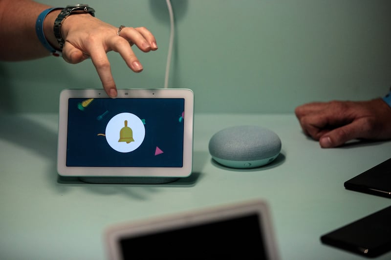 The new Google Home Hub displayed at a Google hardware launch event in London in 2018. Getty Images