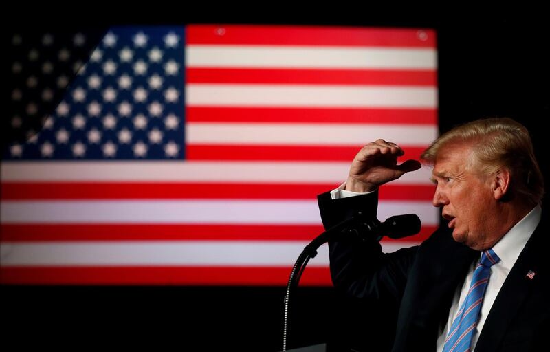 U.S. President Donald Trump delivers remarks at a "Salute to Service" dinner held in honor of the nation's military at The Greenbrier in White Sulphur Springs, West Virginia, U.S., July 3, 2018. REUTERS/Leah Millis     TPX IMAGES OF THE DAY