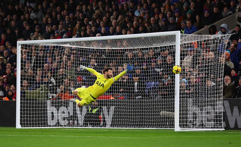 Tottenham goalkeeper Hugo Lloris watches a shot by Joachim Andersen fly wide for Palace. Reuters
