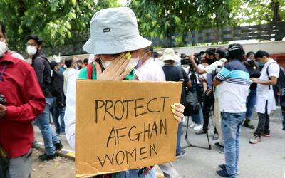 An Afghan refugee takes part in a protest against the Taliban in New Delhi, India, on August 23.  EPA