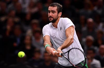 PARIS, FRANCE - NOVEMBER 02:  Marin Cilic of Croatia plays a backhand during his Quarter Final match against Novak Djokovic of Serbia  on Day 5 of the Rolex Paris Masters on November 2, 2018 in Paris, France. (Photo by Justin Setterfield/Getty Images)