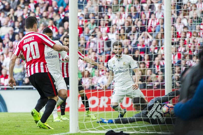 Real Madrid’s Casemiro, right, scores the winning goal. Juan Manuel Serrano Arce / Getty Images