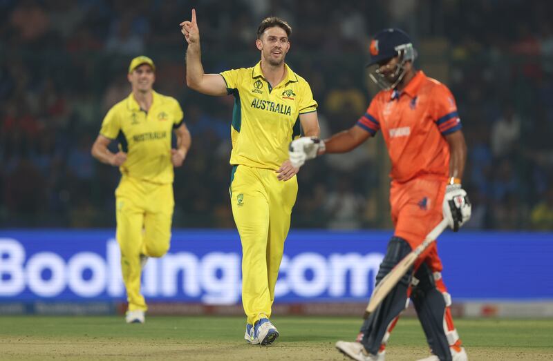 Mitch Marsh of Australia celebrates the wicket of Netherlands batter Teja Nidamanuru. Getty Images