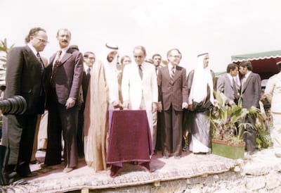 Sheikh Zayed Bin Sultan Al Nahyan and King Hassan II of Morocco at the opening of the Sidi Mohamed Ben Adbellah Dam on the Abu Rakrak River in Morocco, 11th August 1974 
National Archives images supplied by the Ministry of Presidential Affairs to mark the 50th anniverary of Sheikh Zayed Bin Sultan Al Nahyan becaming the Ruler of Abu Dhabi. *** Local Caption ***  30.jpg