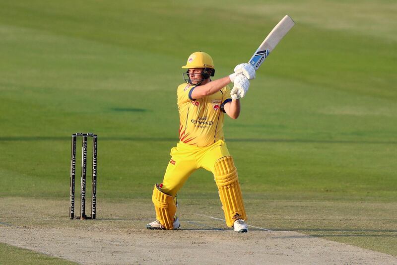 Abu Dhabi, United Arab Emirates - November 17, 2019: Abu Dhabi's Luke Wright hits out during the game between Team Abu Dhabi and The Northern Warriors in the Abu Dhabi T10 league. Sunday the 17th of November 2019. Zayed Cricket Stadium, Abu Dhabi. Chris Whiteoak / The National