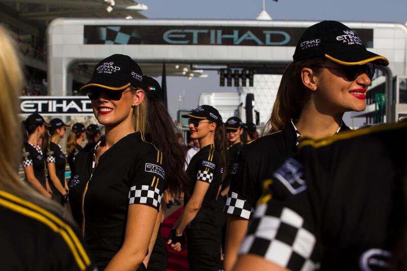 Abu Dhabi, United Arab Emirates, November 3, 2013:       Grid girls during the drivers parade ahead of the Formula One Etihad Airways Abu Dhabi Grand Prix Yas Marina Circuit in Abu Dhabi on November 3, 2013. Christopher Pike / The National

Reporter: N/A
Section: News *** Local Caption ***  CP1103-f1_037.JPG