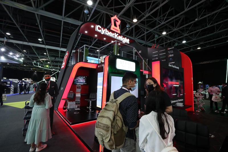 People visit the Cyber Knight stand at GISEC at the World Trade Centre in Dubai on May 31st, 2021. Chris Whiteoak / The National. 
Reporter: Kelly Clark for News