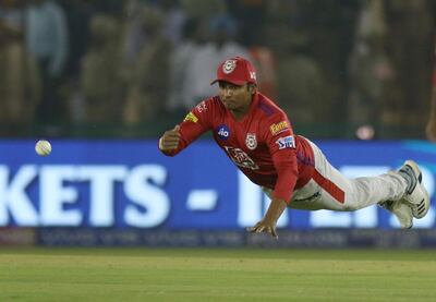 Sarfaraz Khan of Kings XI Punjab jumps to field during the VIVO IPL T20 cricket match between Kings XI Punjab and Sunrisers Hyderabad in Mohali, India, Monday, April 8, 2019. (AP Photo/Surjeet Yadav)