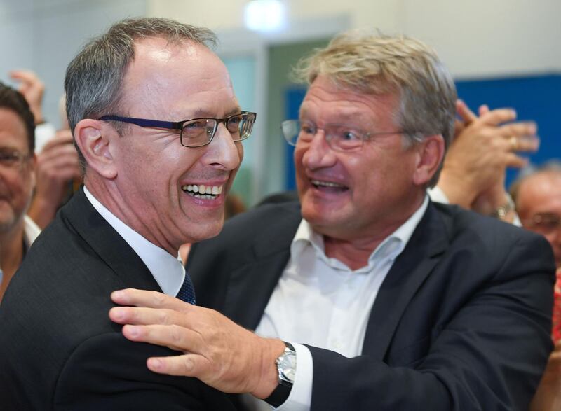 Top candidate in Saxony of the far-right AfD party Joerg Urban (L) and Alternative for Germany (AfD) far-right party co-leader Joerg Meuthen react after the first exit polls during the AfD's election party on September 1, 2019 in Dresden, eastern Germany. The far-right Alternative for Germany party surged strongly in elections in two eastern states, public television exit polls said, reflecting anger with Chancellor Angela Merkel's coalition government. In Saxony, the anti-immigration AfD scored 27.5 percent, up sharply from 9.7 percent five years ago, broadcasters ARD and ZDF forecast. - Germany OUT
 / AFP / DPA / Sebastian Kahnert
