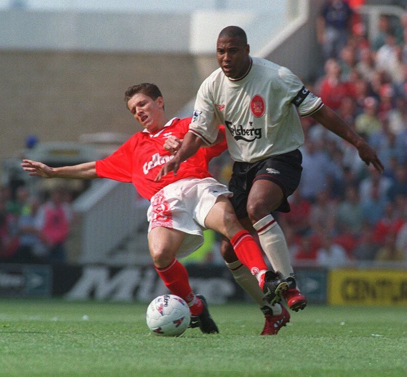 John Barnes, Liverpool gets away from Middlesbrough's Junhino  (Photo by David Hewitson/EMPICS via Getty Images)