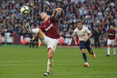 LONDON, ENGLAND - OCTOBER 20:  Marko Arnautovic of West Ham United in action during the Premier League match between West Ham United and Tottenham Hotspur at London Stadium on October 20, 2018 in London, United Kingdom.  (Photo by Mike Hewitt/Getty Images)