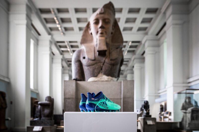 Mohamed Salah's boots sit on display in the British Museum in London.