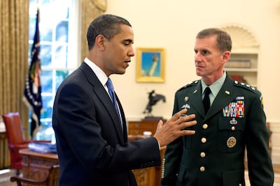 President Barack Obama meets with Lt Gen Stanley McChrystal, the new US commander for Afghanistan, at the White House in May 2009. Getty Images