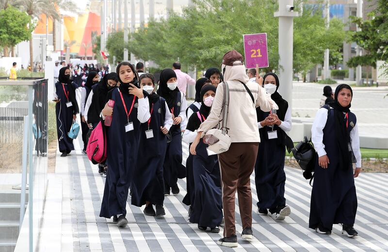 School students during their visit at the EXPO 2020 site in Dubai on 3 October, 2021. Pawan Singh/The National.