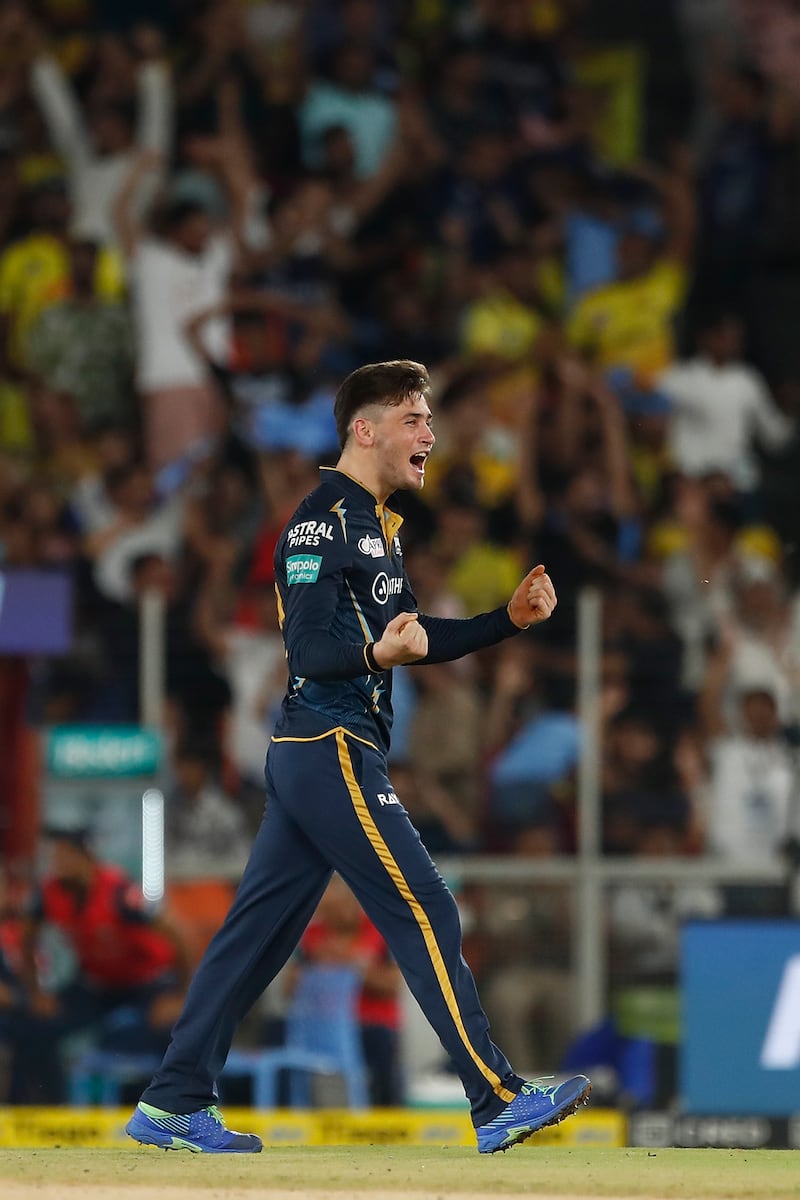 Noor Ahmad of the Gujarat Titans celebrates the wicket of Ruturaj Gaikwad. Getty