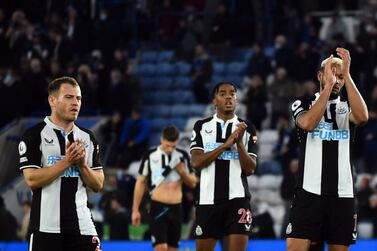 Soccer Football - Premier League - Leicester City v Newcastle United - King Power Stadium, Leicester, Britain - December 12, 2021 Newcastle United's Ryan Fraser, Joe Willock and Joelinton applaud fans after the match REUTERS/Peter Powell EDITORIAL USE ONLY.  No use with unauthorized audio, video, data, fixture lists, club/league logos or 'live' services.  Online in-match use limited to 75 images, no video emulation.  No use in betting, games or single club /league/player publications.   Please contact your account representative for further details. 