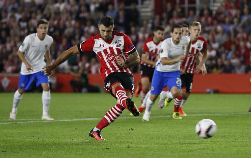 Southampton’s Charlie Austin scores their first goal from the penalty spot against Sparta Prague. Stefan Wermuth / Reuters