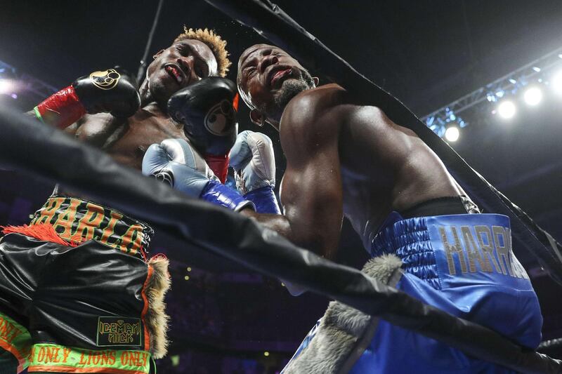 Jermell Charlo, left, on his way to victory over Tony Harrison for the WBC world super welterweight title at Toyota Arena in California on Saturday, December 21. AFP