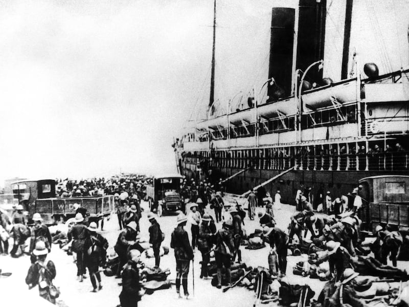 Australian troops arrive in Alexandria, Egypt, en route to the battlefield on the Gallipoli Peninsula.