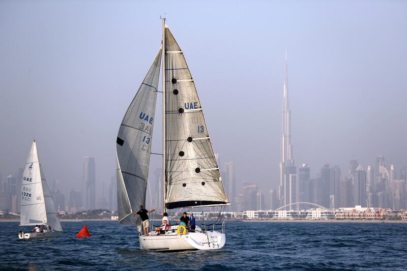 Dubai, United Arab Emirates - May 14, 2019: The Dubai offshore sailing club pursuit race. Tuesday the 14th of May 2019. Dubai. Chris Whiteoak / The National