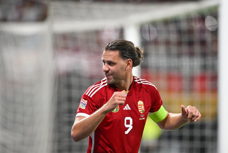 Hungary's Adam Szalai celebrates after scoring the only goal. EPA